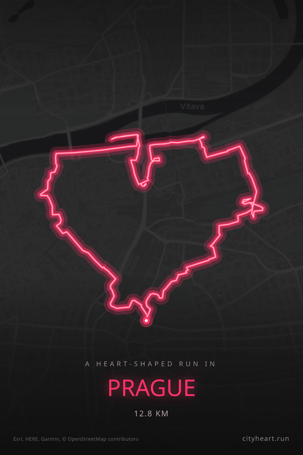 Heart-shaped running route in Prague, 12.8 km — GPS art for Strava