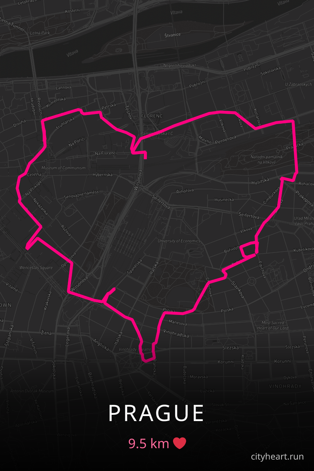 Heart-shaped running route in Prague, 9.5 km — GPS art for Strava