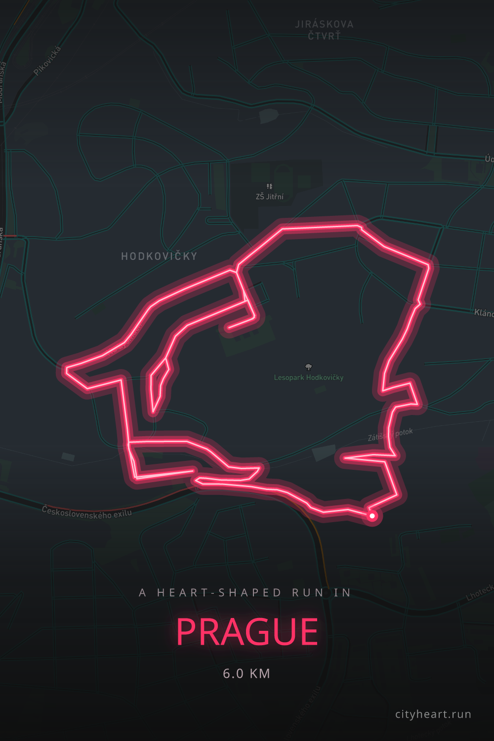 Heart-shaped running route in Prague, 6.0 km — GPS art for Strava
