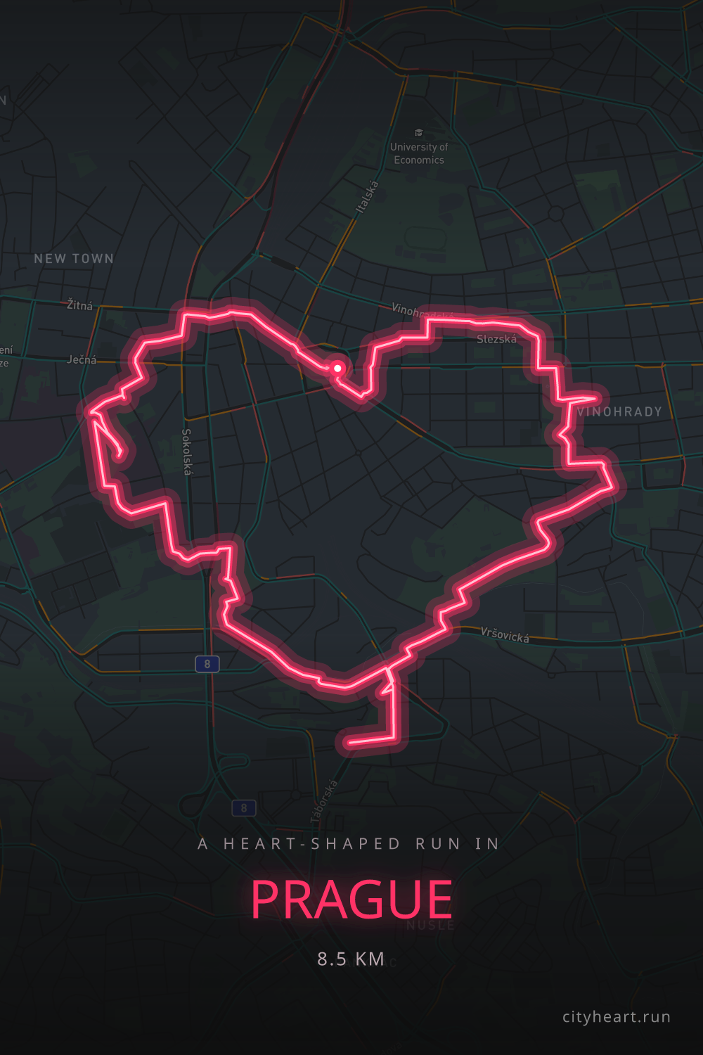 Heart-shaped running route in Prague, 8.5 km — GPS art for Strava