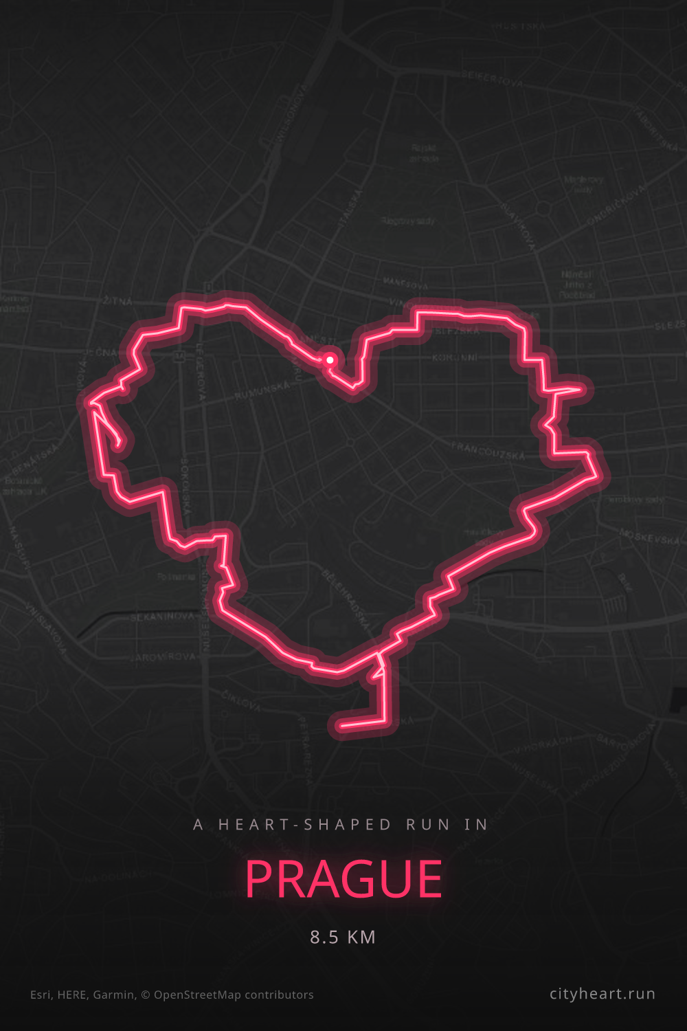 Heart-shaped running route in Prague, 8.5 km — GPS art for Strava