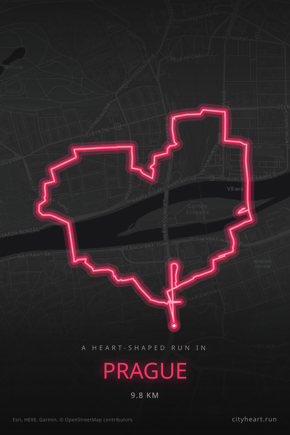Heart-shaped running route in Prague, 9.8 km — GPS art for Strava