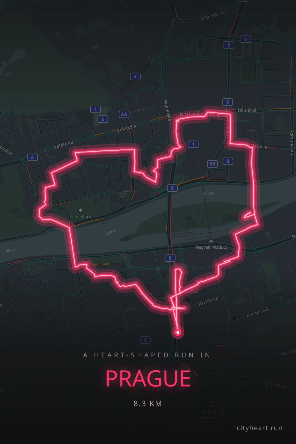 Heart-shaped running route in Prague, 9.8 km — GPS art for Strava