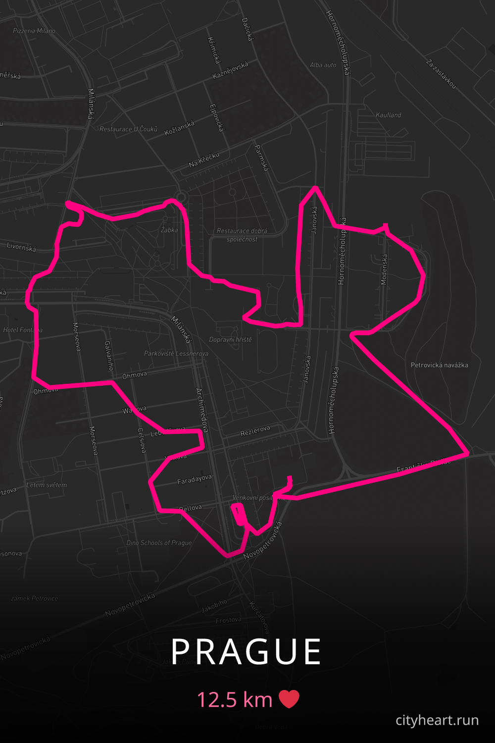 Heart-shaped running route in Prague, 12.5 km — GPS art for Strava