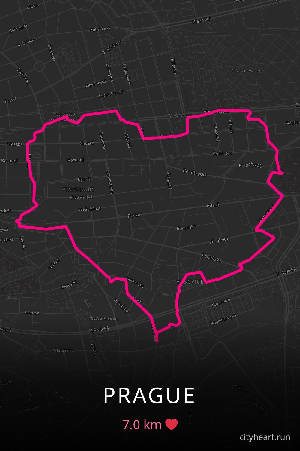 Heart-shaped running route in Prague, 7.0 km — GPS art for Strava