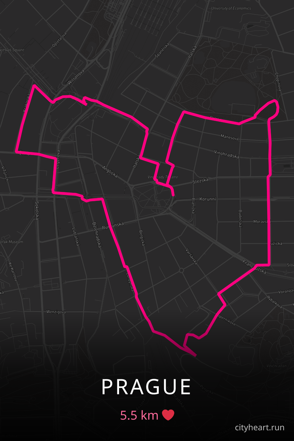 Heart-shaped running route in Prague, 5.5 km — GPS art for Strava