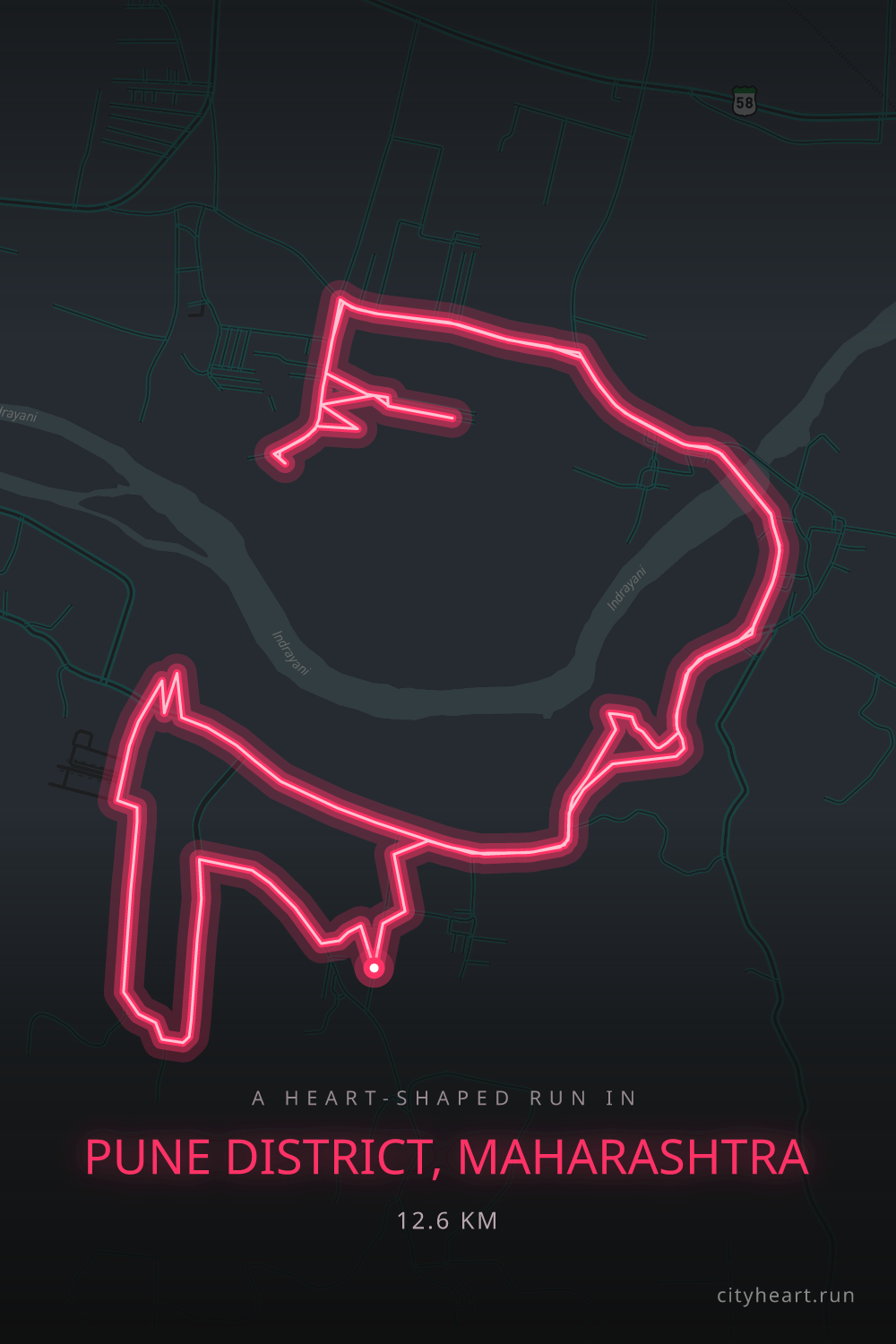Heart-shaped running route in Pune District, Maharashtra, 13.7 km — GPS art for Strava