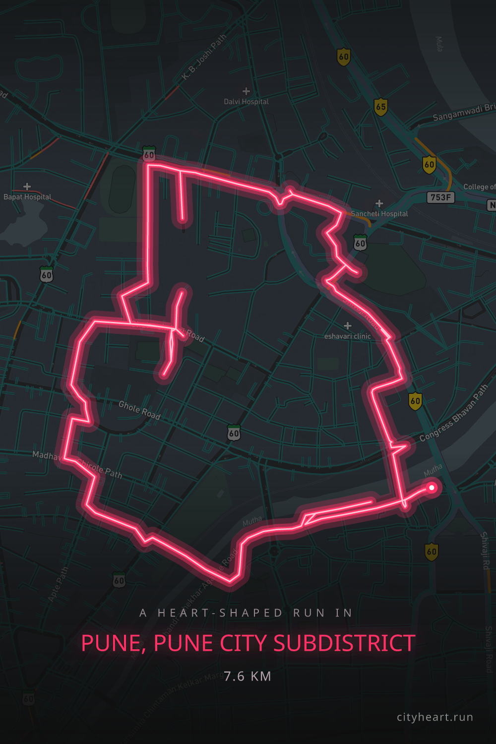 Heart-shaped running route in Pune, Pune City Subdistrict, 7.6 km — GPS art for Strava