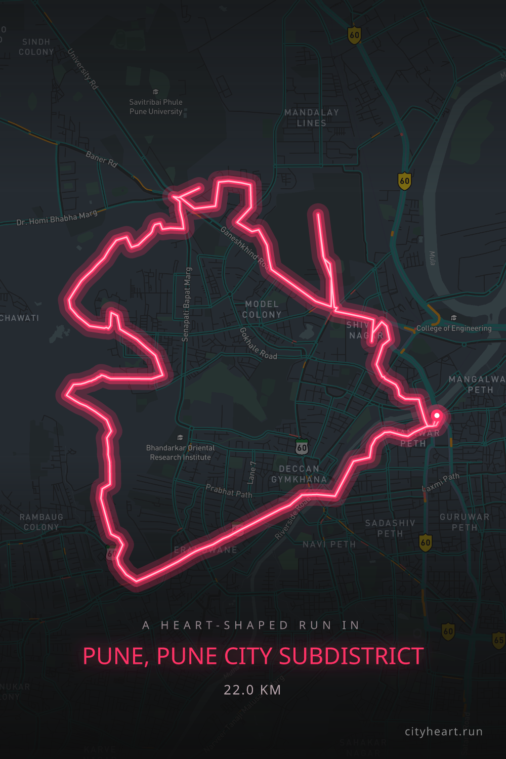 Heart-shaped running route in Pune, Pune City Subdistrict, 22.0 km — GPS art for Strava