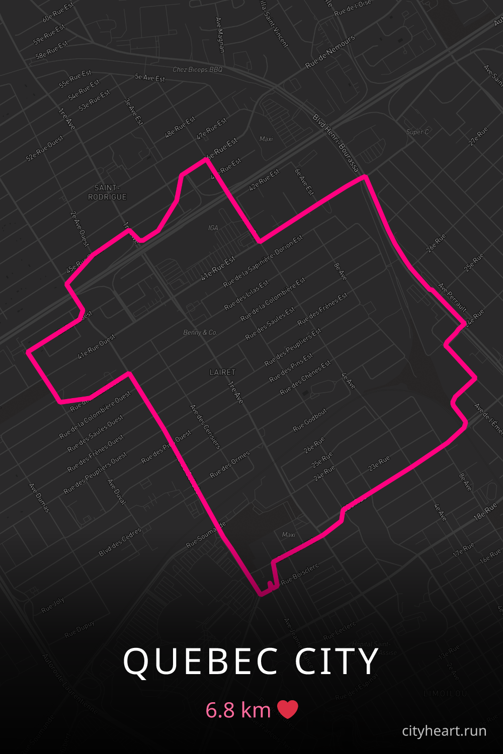 Heart-shaped running route in Quebec City, 6.8 km — GPS art for Strava