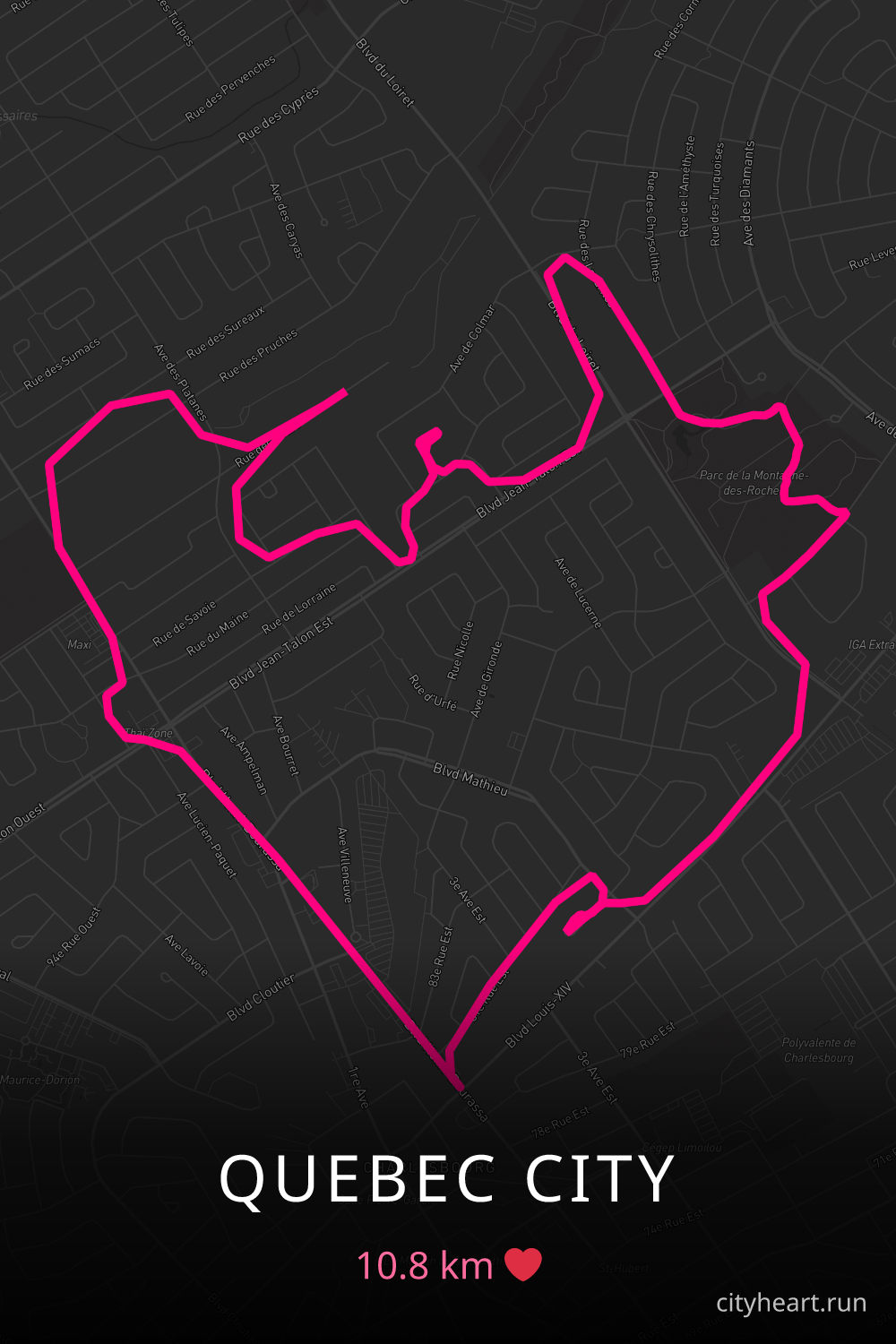 Heart-shaped running route in Quebec City, 10.8 km — GPS art for Strava