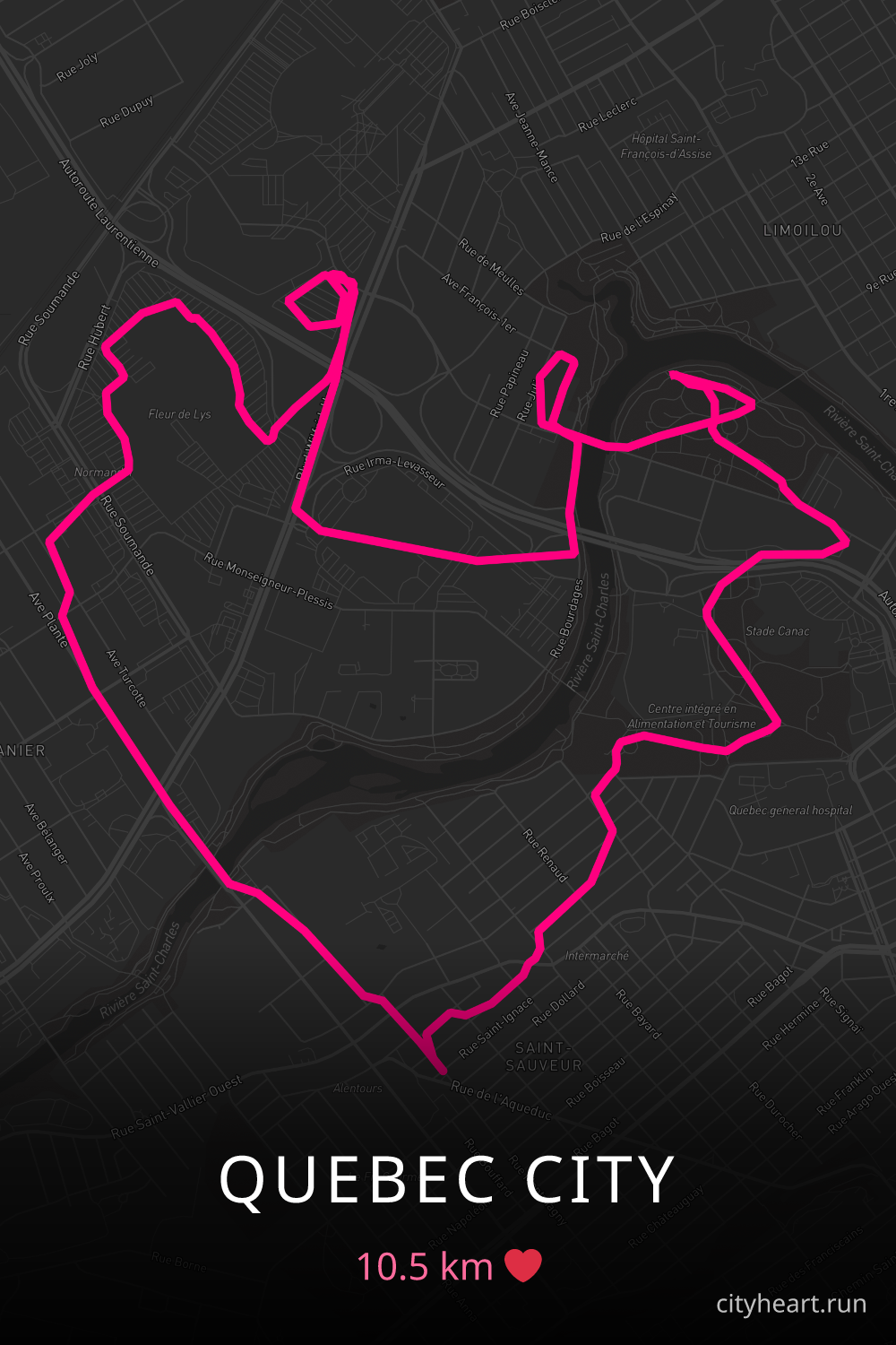 Heart-shaped running route in Quebec City, 10.5 km — GPS art for Strava