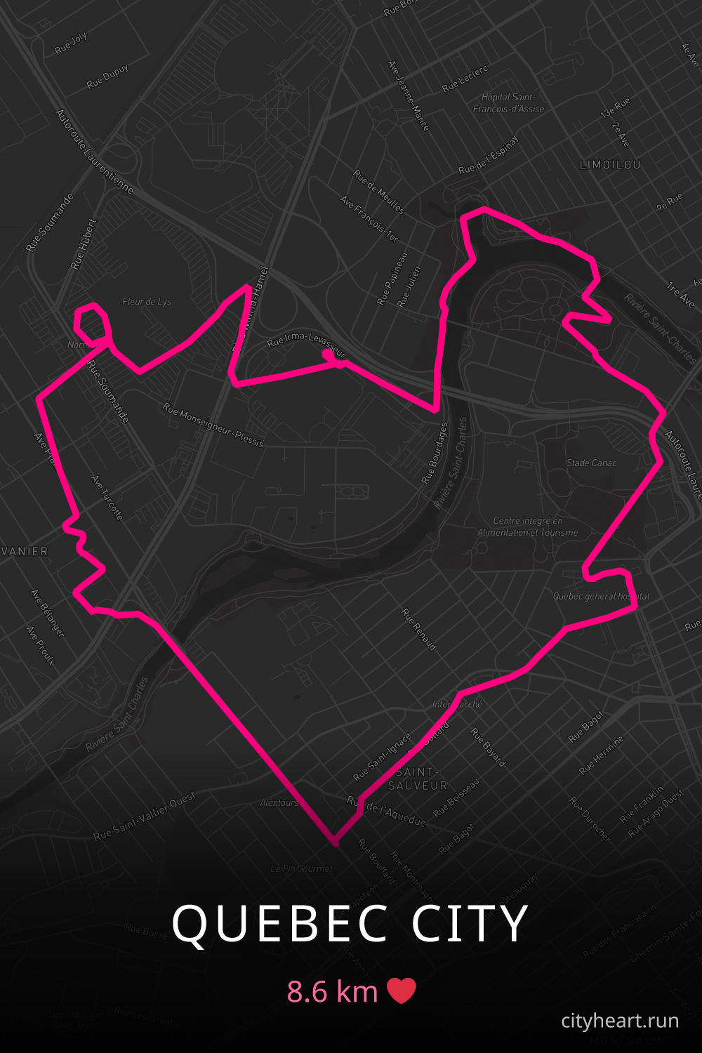Heart-shaped running route in Quebec City, 8.6 km — GPS art for Strava