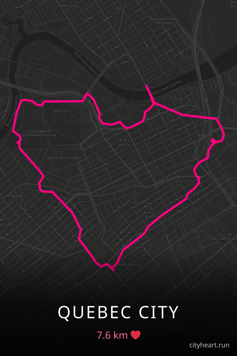 Heart-shaped running route in Quebec City, 7.6 km — GPS art for Strava