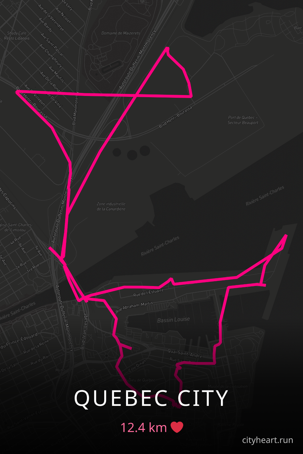 Heart-shaped running route in Quebec City, 12.4 km — GPS art for Strava