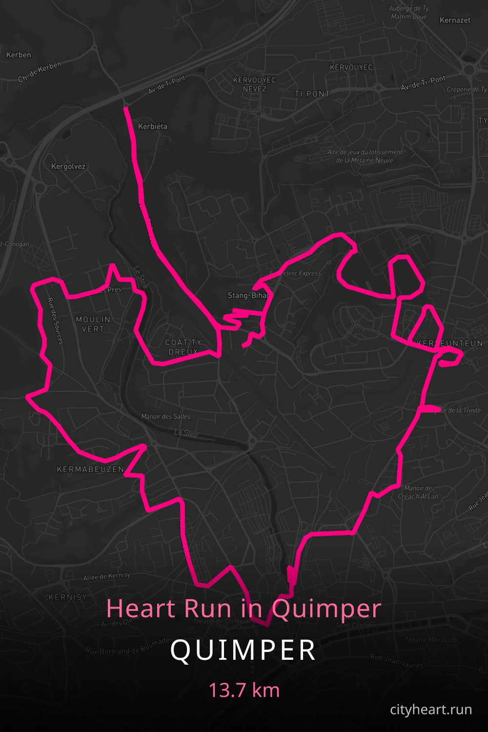 Heart-shaped running route in Quimper, 14.8 km — GPS art for Strava