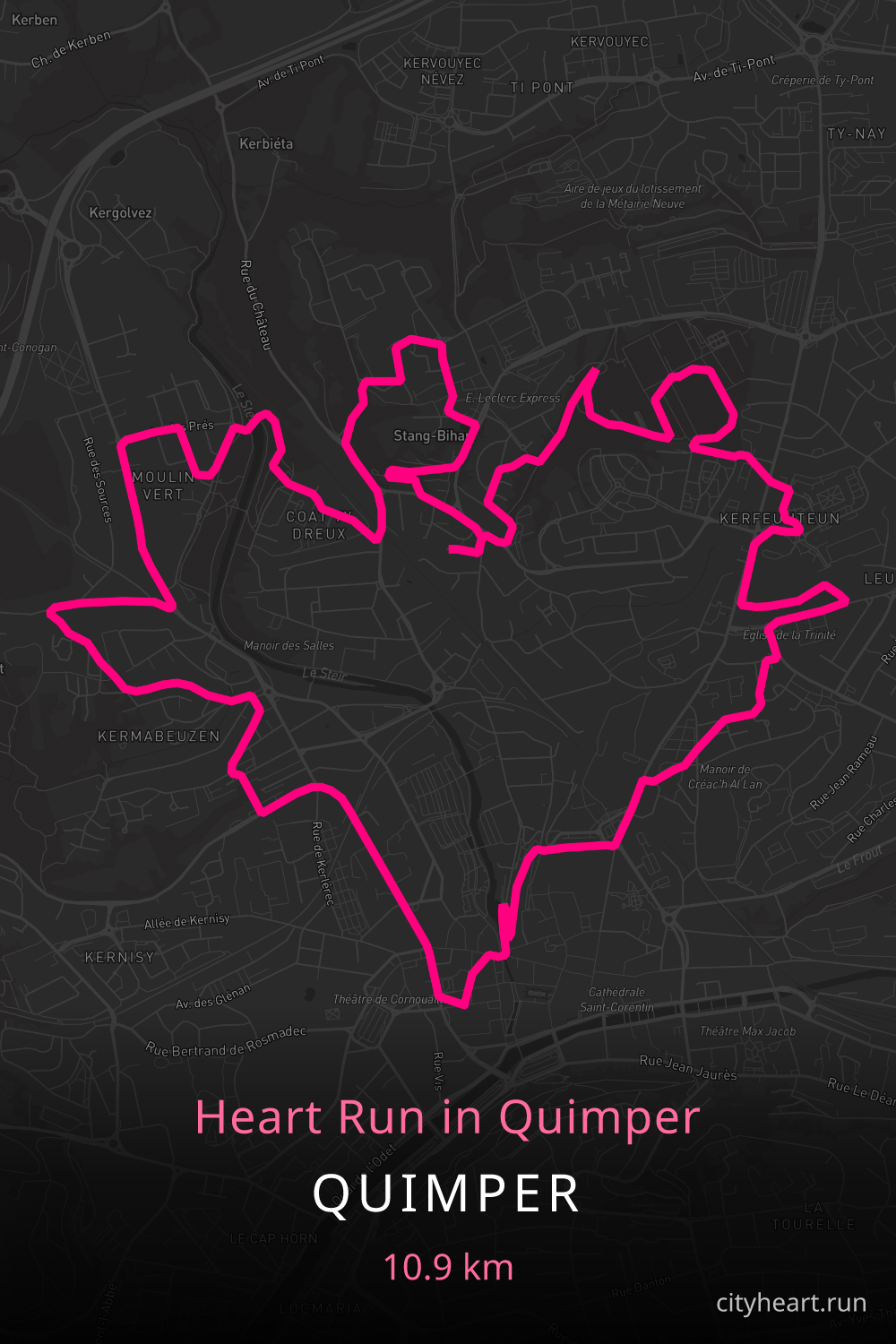 Heart-shaped running route in Quimper, 11.3 km — GPS art for Strava