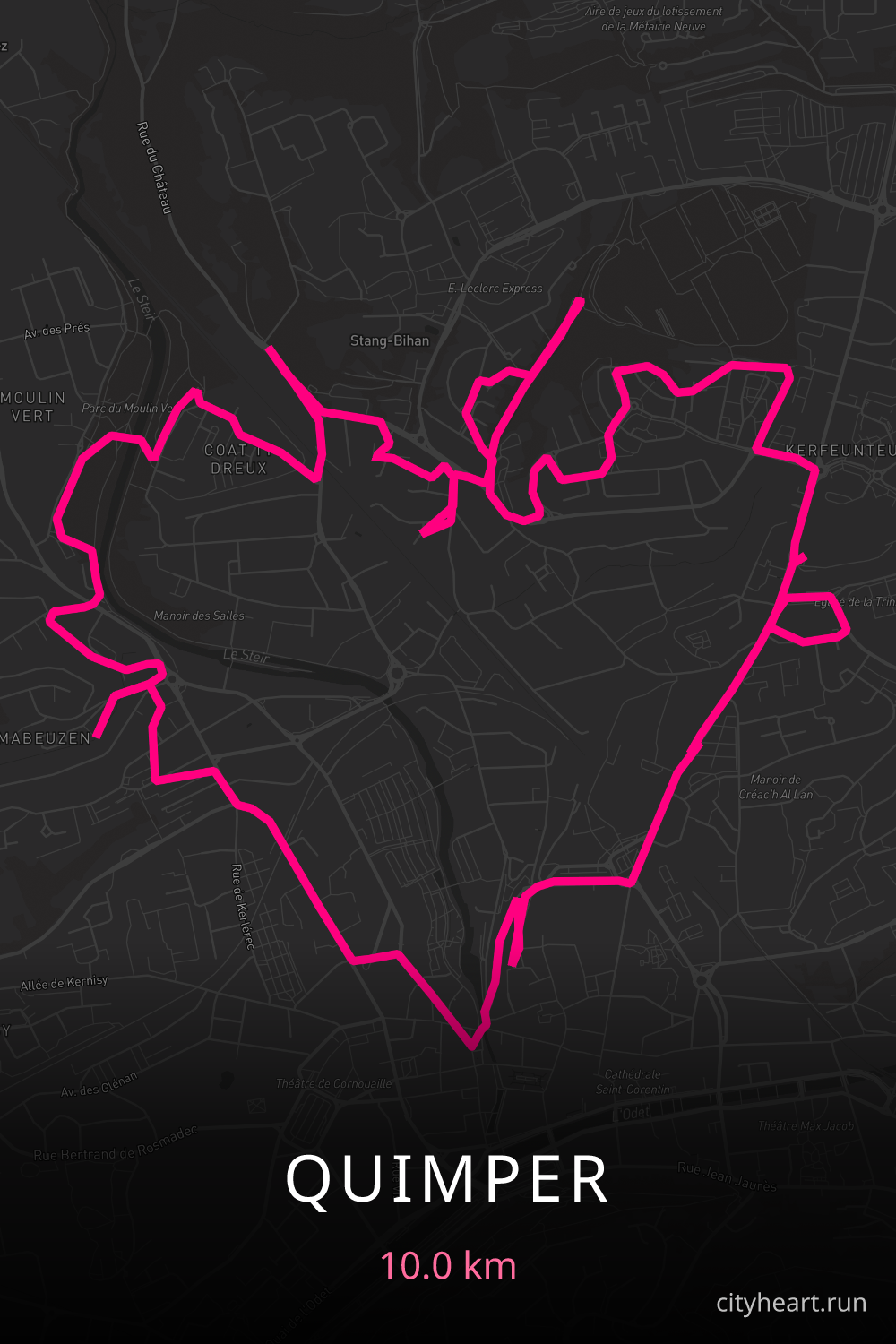 Heart-shaped running route in Quimper, 10.0 km — GPS art for Strava