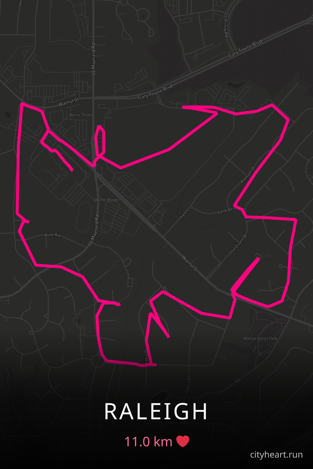 Heart-shaped running route in Raleigh, 11.0 km — GPS art for Strava