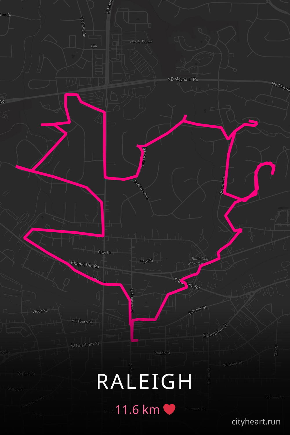 Heart-shaped running route in Raleigh, 11.6 km — GPS art for Strava