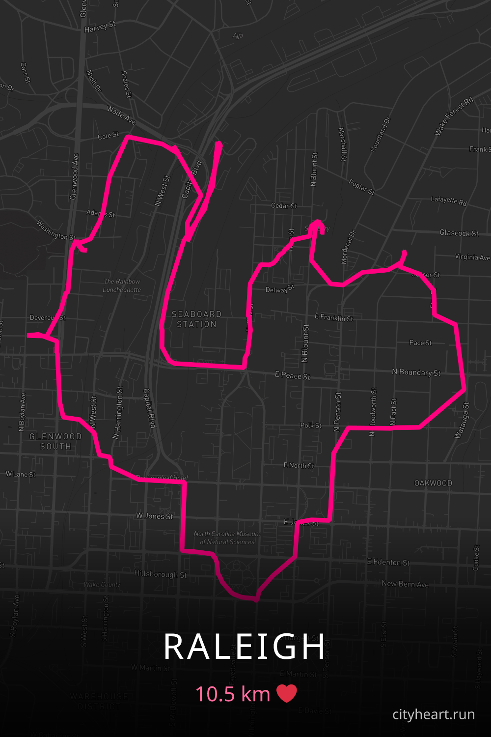 Heart-shaped running route in Raleigh, 10.5 km — GPS art for Strava