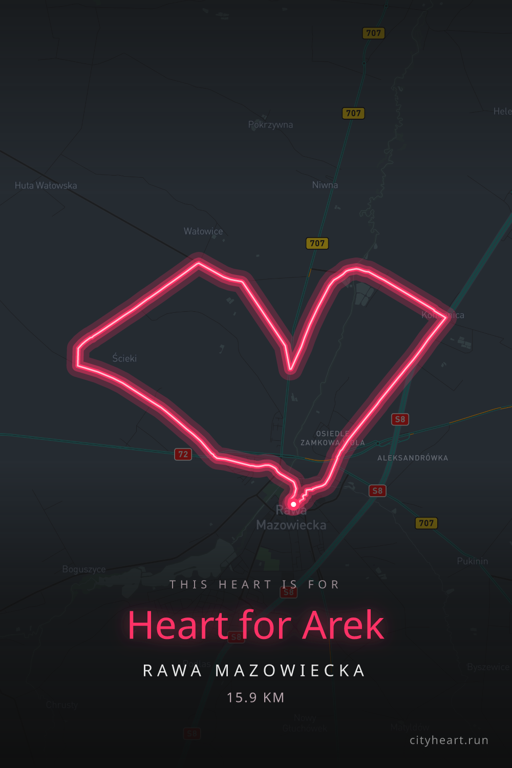 Heart-shaped running route in Rawa Mazowiecka, 36.0 km — GPS art for Strava