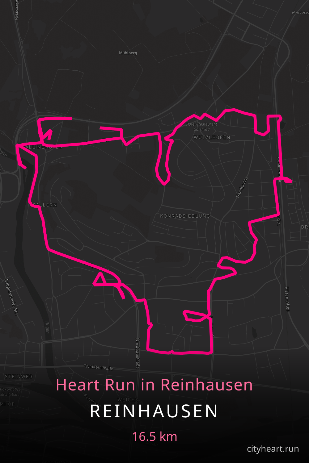 Heart-shaped running route in Reinhausen, 13.8 km — GPS art for Strava