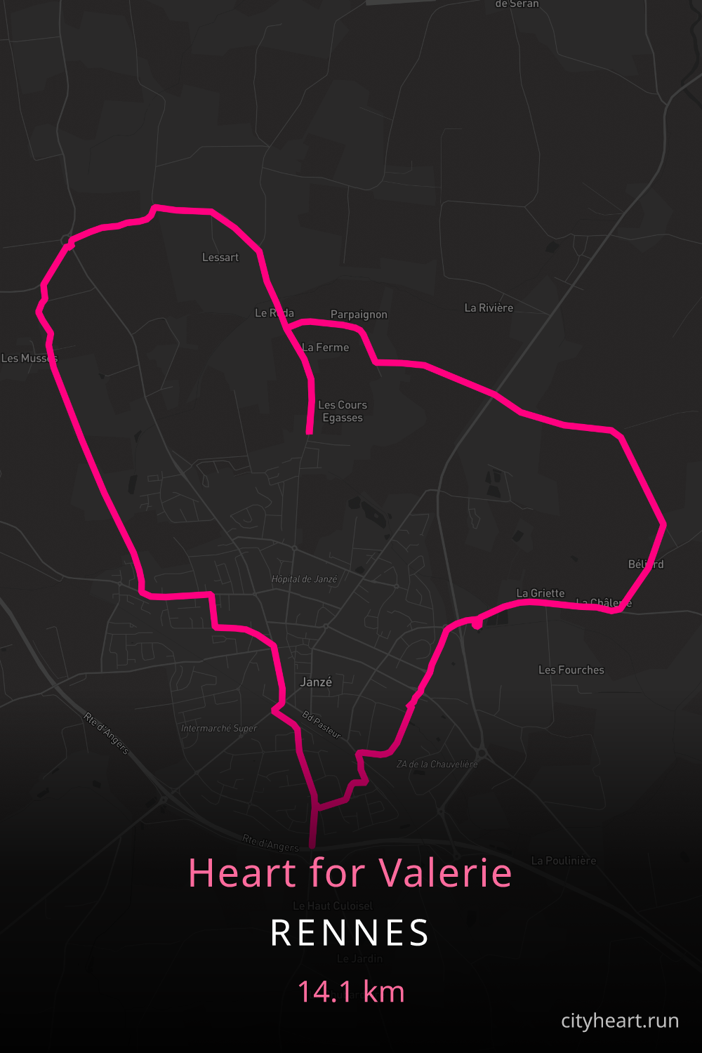 Heart-shaped running route in Rennes, 16.4 km — GPS art for Strava