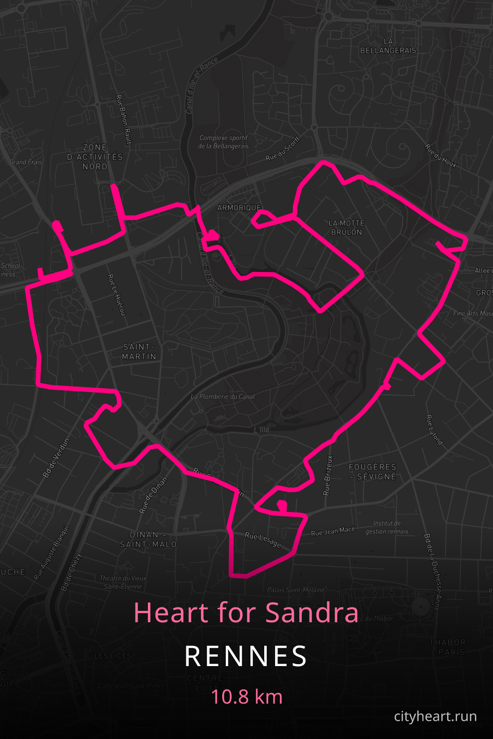 Heart-shaped running route in Rennes, 11.9 km — GPS art for Strava
