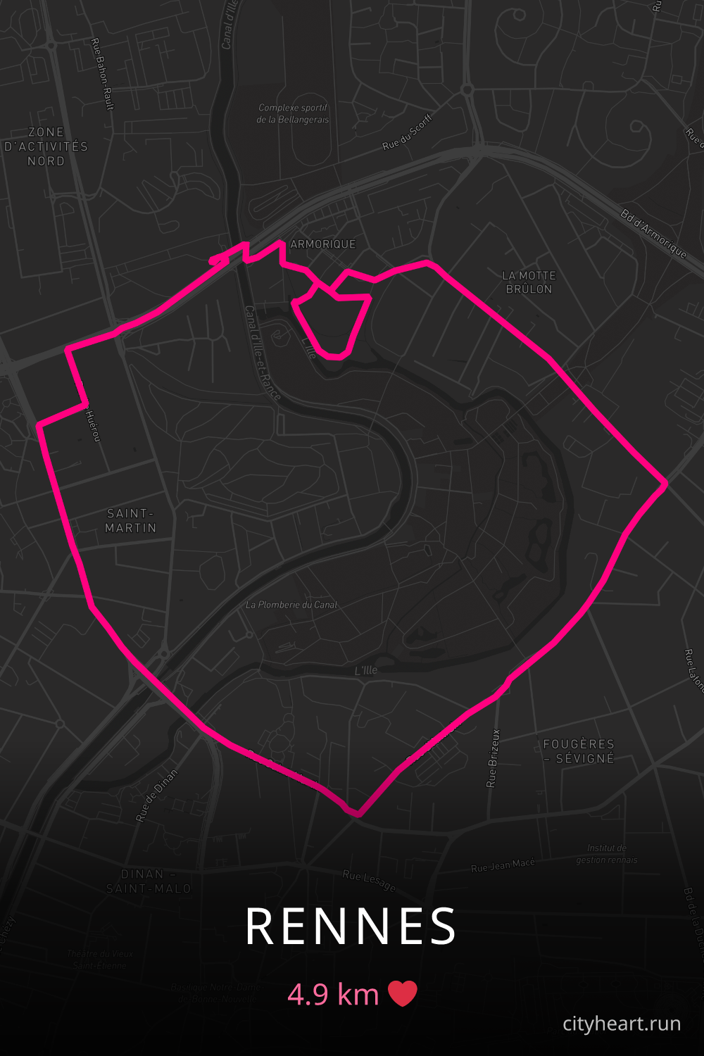 Heart-shaped running route in Rennes, 4.9 km — GPS art for Strava