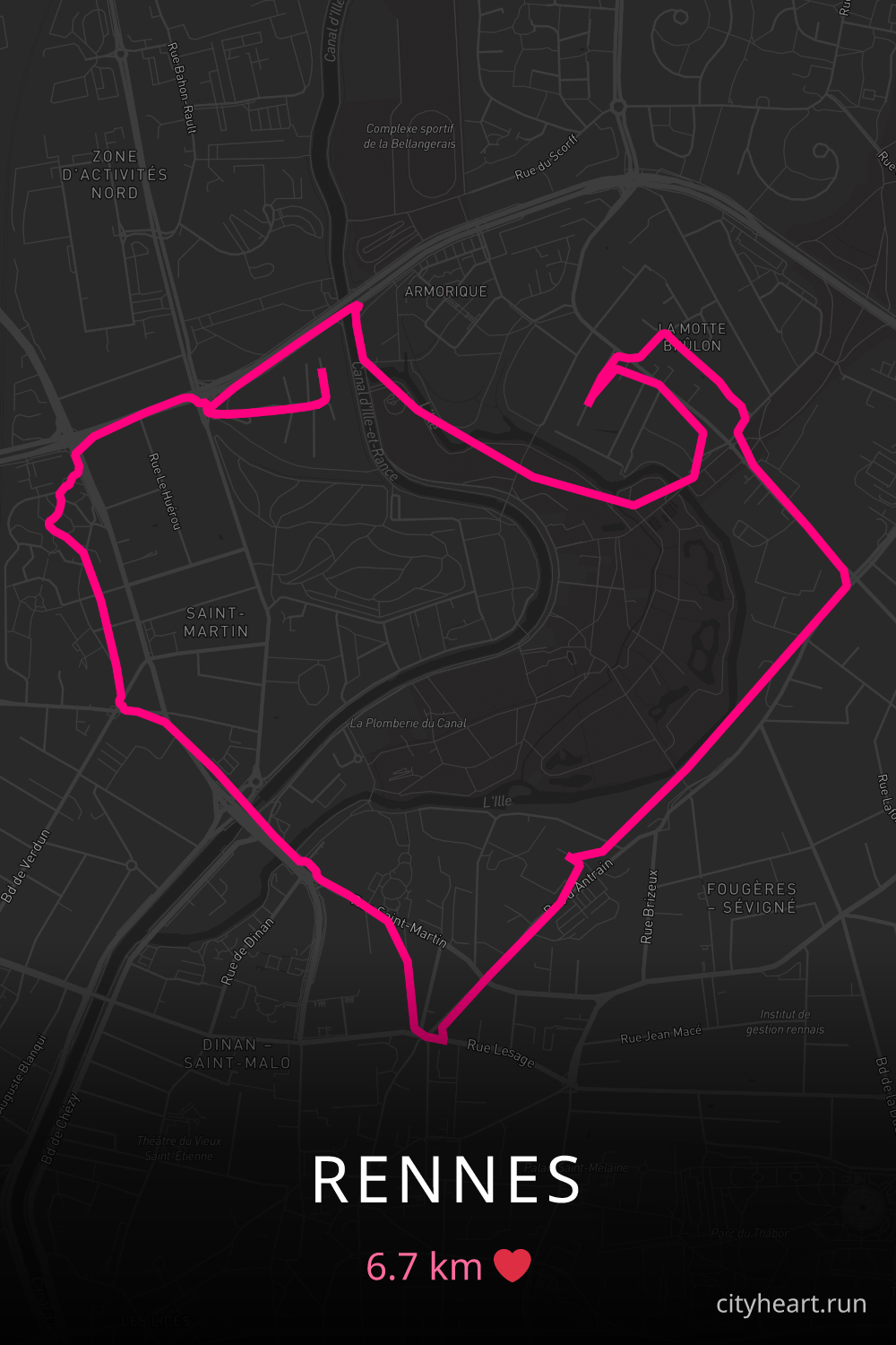 Heart-shaped running route in Rennes, 6.7 km — GPS art for Strava