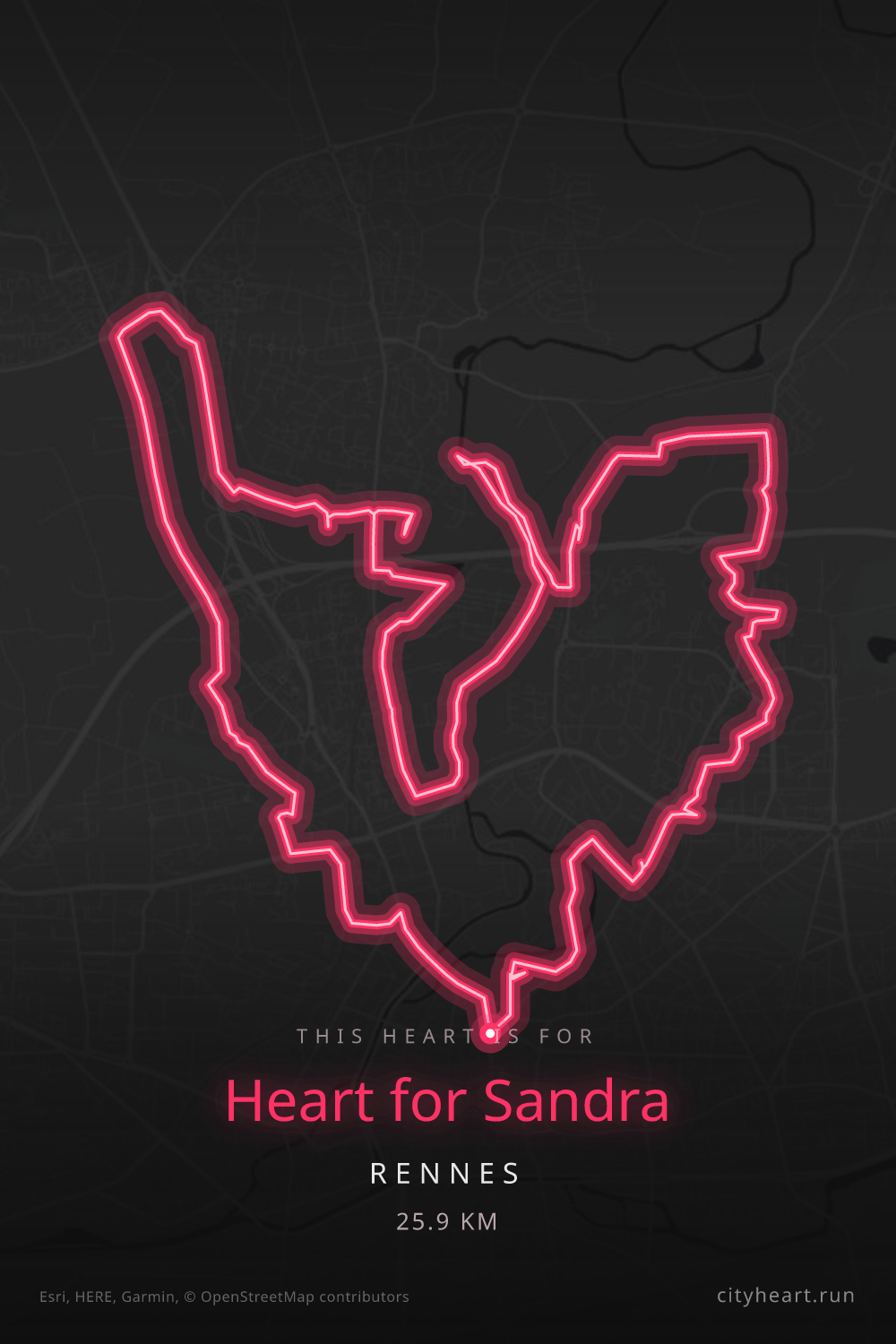 Heart-shaped running route in Rennes, 25.9 km — GPS art for Strava