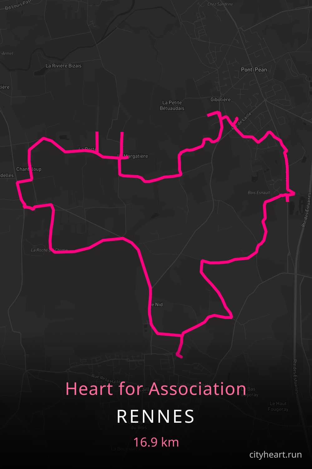 Heart-shaped running route in Rennes, 17.7 km — GPS art for Strava