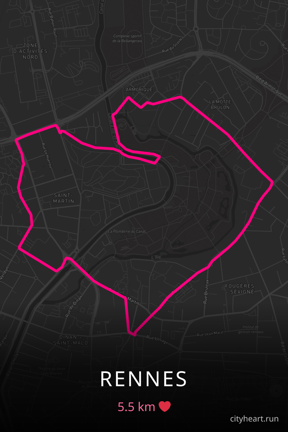 Heart-shaped running route in Rennes, 5.5 km — GPS art for Strava