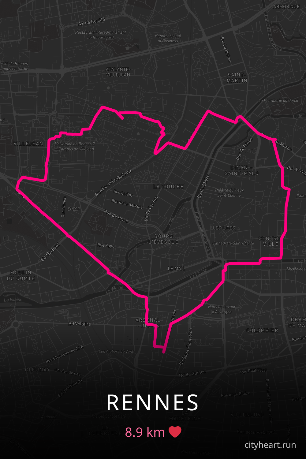 Heart-shaped running route in Rennes, 8.9 km — GPS art for Strava