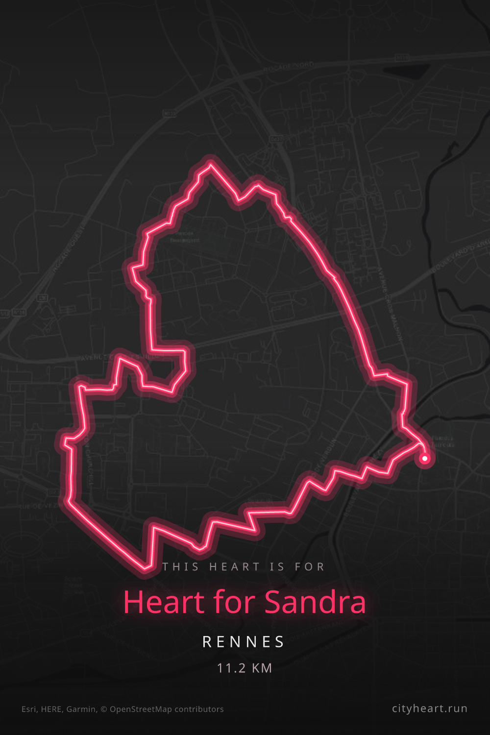 Heart-shaped running route in Rennes, 11.2 km — GPS art for Strava