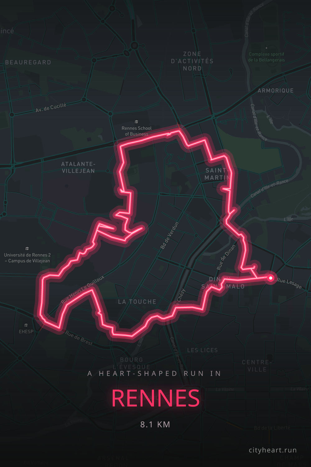 Heart-shaped running route in Rennes, 8.8 km — GPS art for Strava
