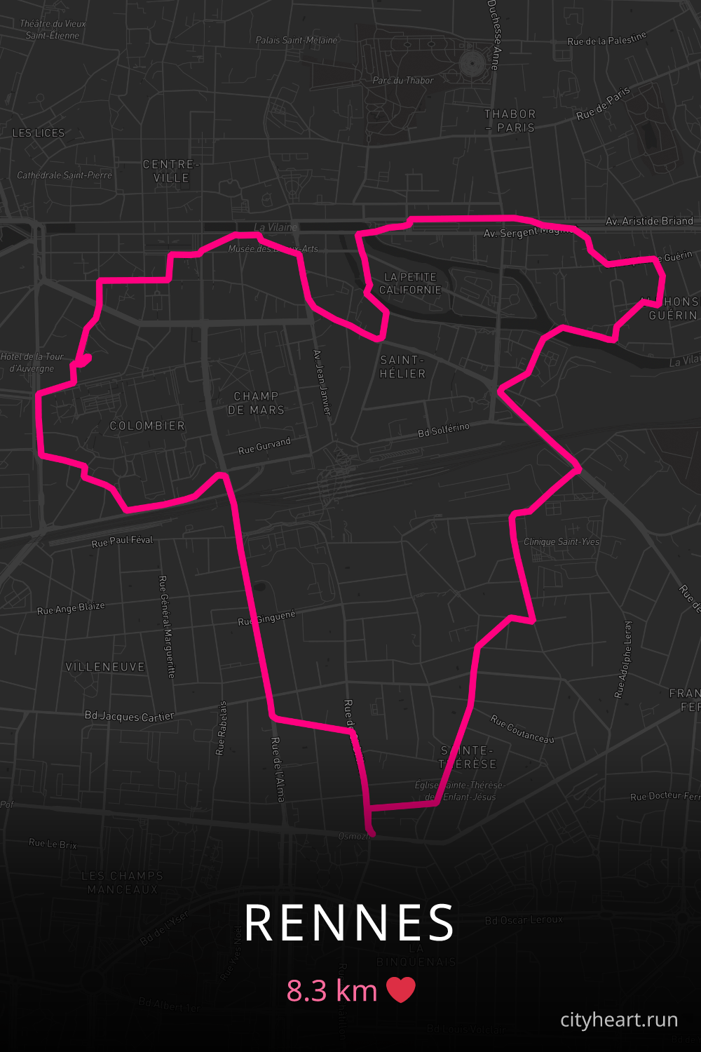 Heart-shaped running route in Rennes, 8.3 km — GPS art for Strava