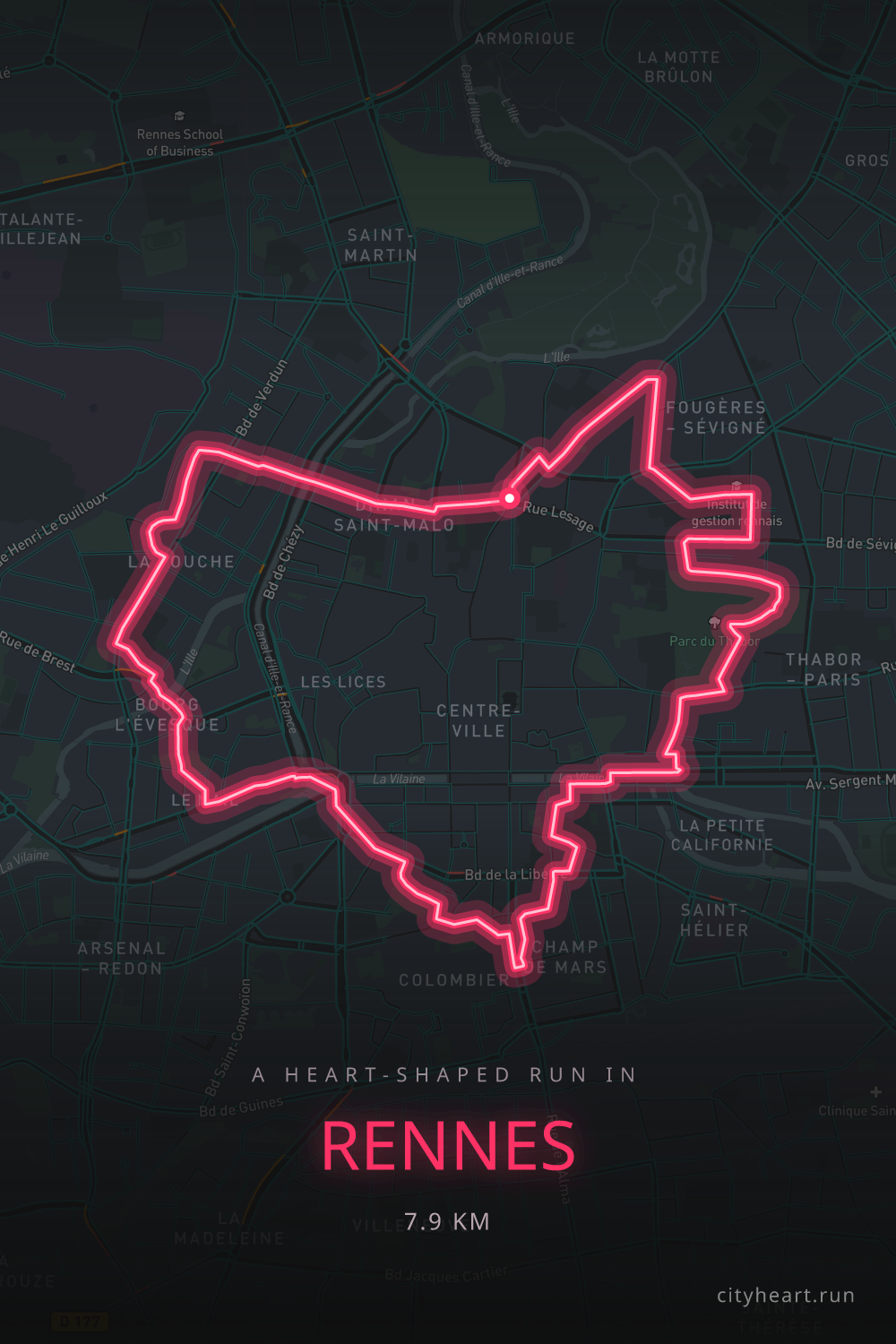 Heart-shaped running route in Rennes, 7.9 km — GPS art for Strava
