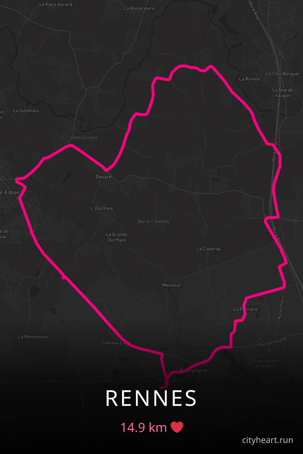 Heart-shaped running route in Rennes, 14.9 km — GPS art for Strava