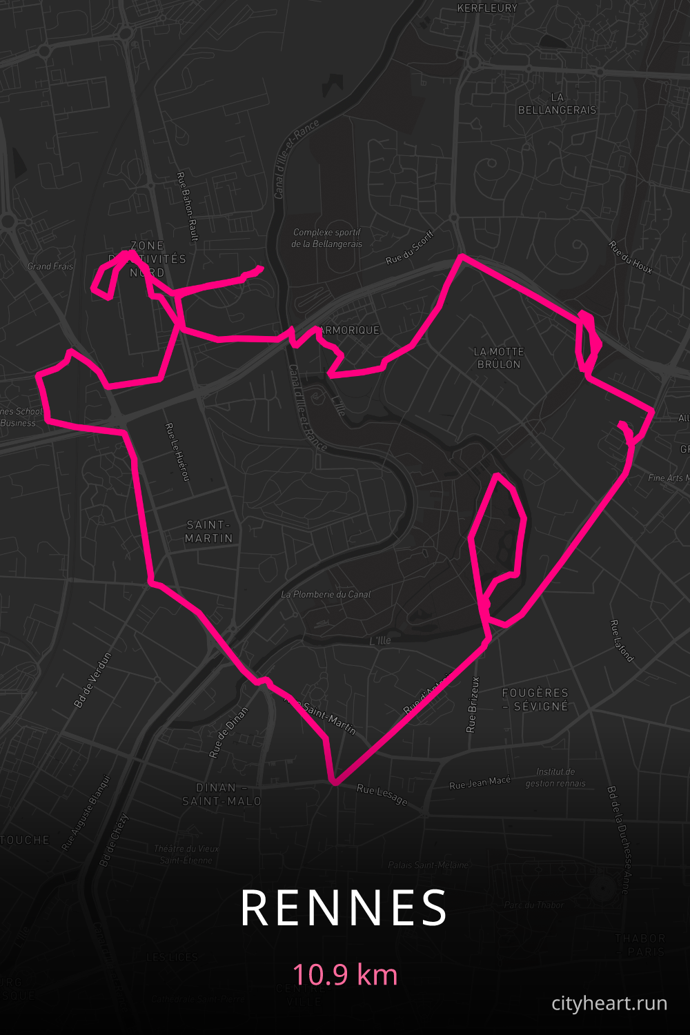 Heart-shaped running route in Rennes, 10.9 km — GPS art for Strava