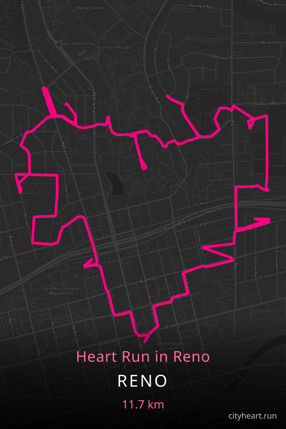 Heart-shaped running route in Reno, 11.7 km — GPS art for Strava
