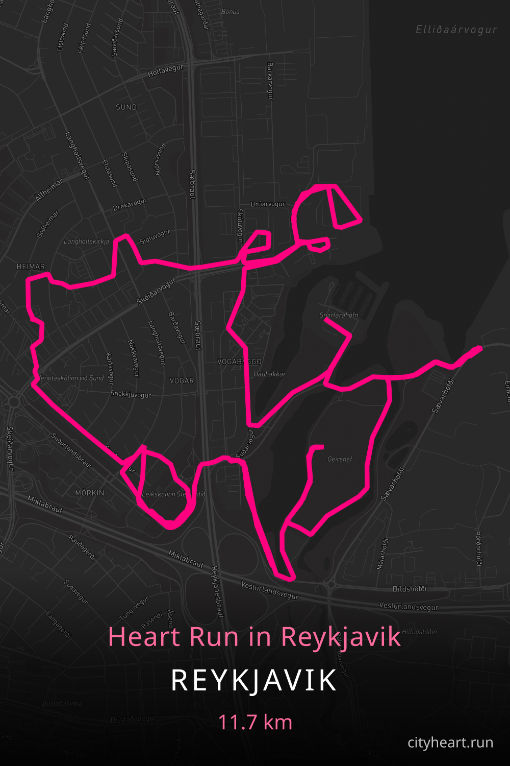 Heart-shaped running route in Reykjavik, 12.8 km — GPS art for Strava