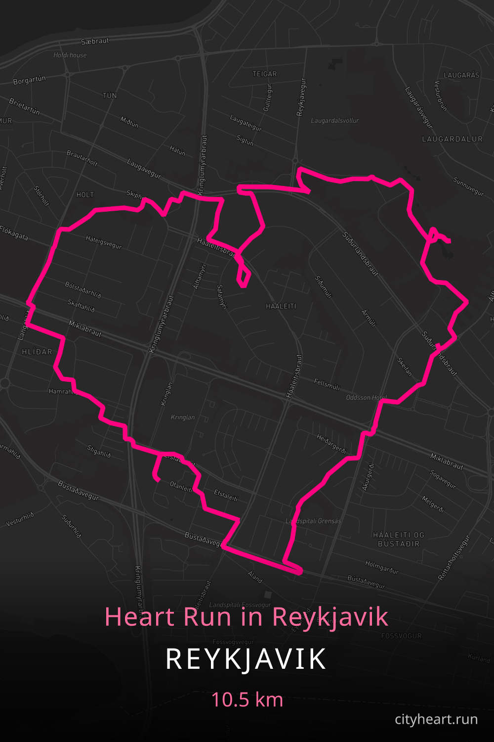Heart-shaped running route in Reykjavik, 11.0 km — GPS art for Strava