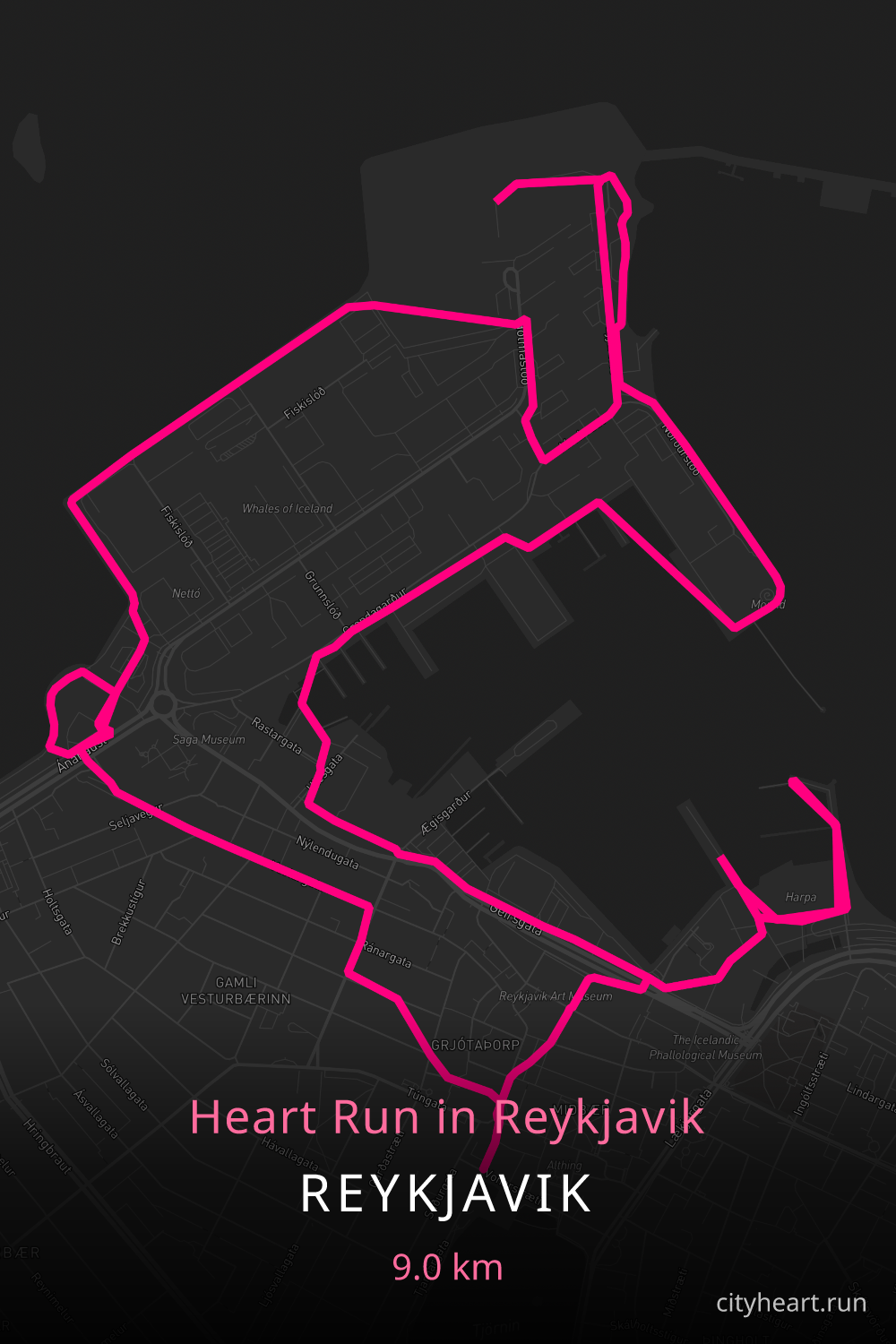 Heart-shaped running route in Reykjavik, 9.0 km — GPS art for Strava