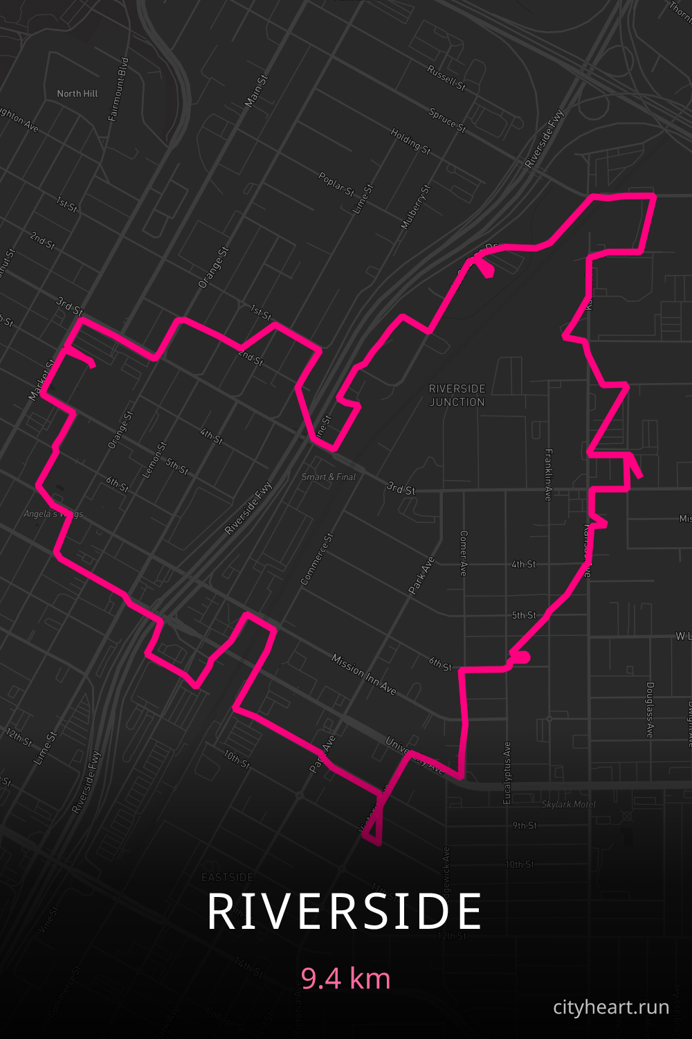 Heart-shaped running route in Riverside, 9.4 km — GPS art for Strava