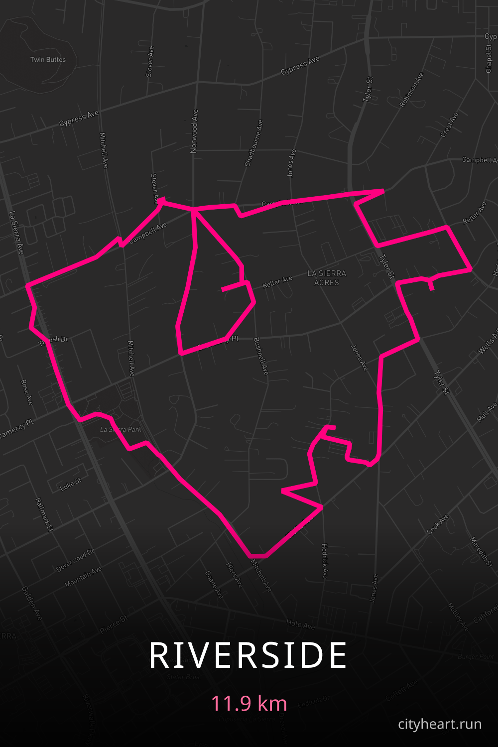 Heart-shaped running route in Riverside, 11.9 km — GPS art for Strava