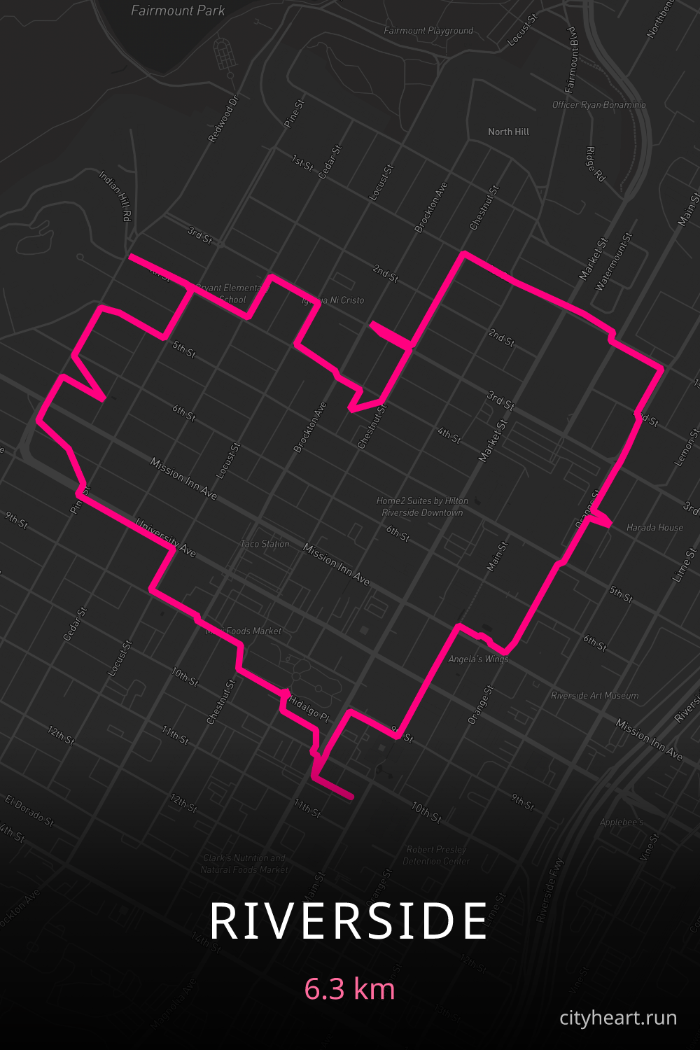 Heart-shaped running route in Riverside, 6.3 km — GPS art for Strava