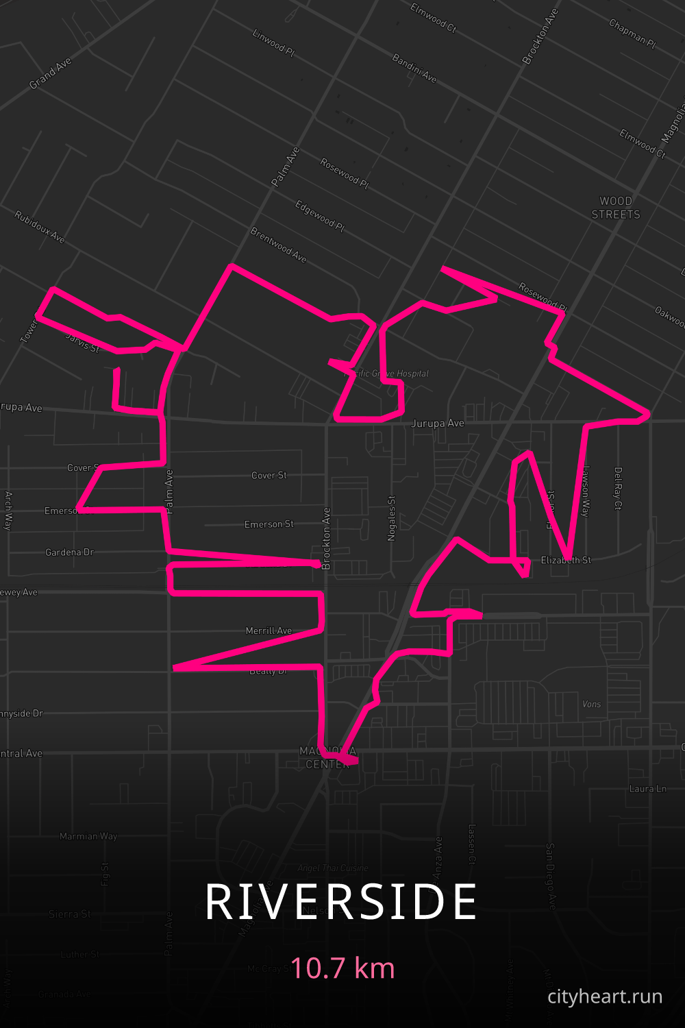 Heart-shaped running route in Riverside, 10.7 km — GPS art for Strava