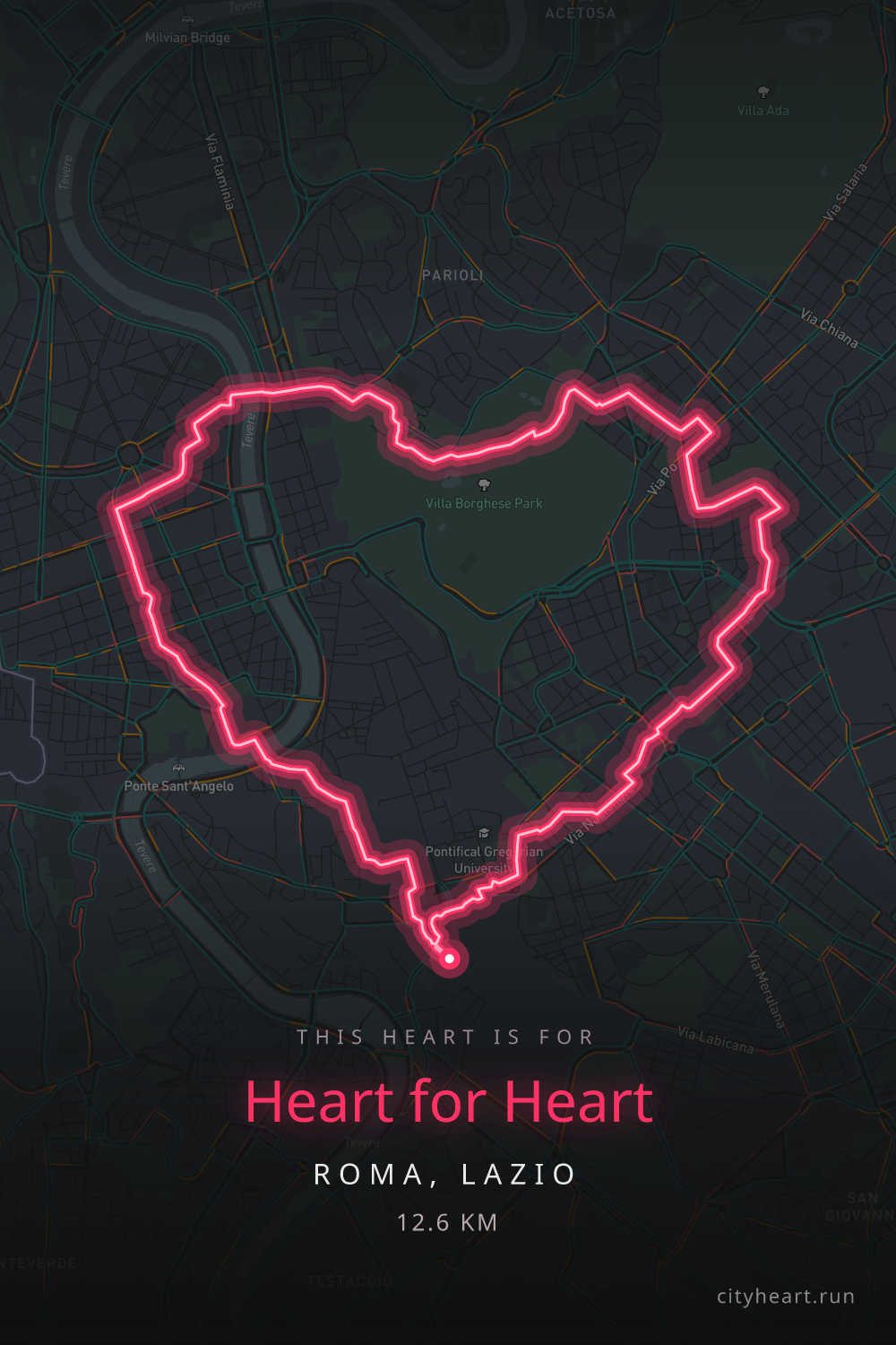 Heart-shaped running route in Roma, Lazio, 14.8 km — GPS art for Strava